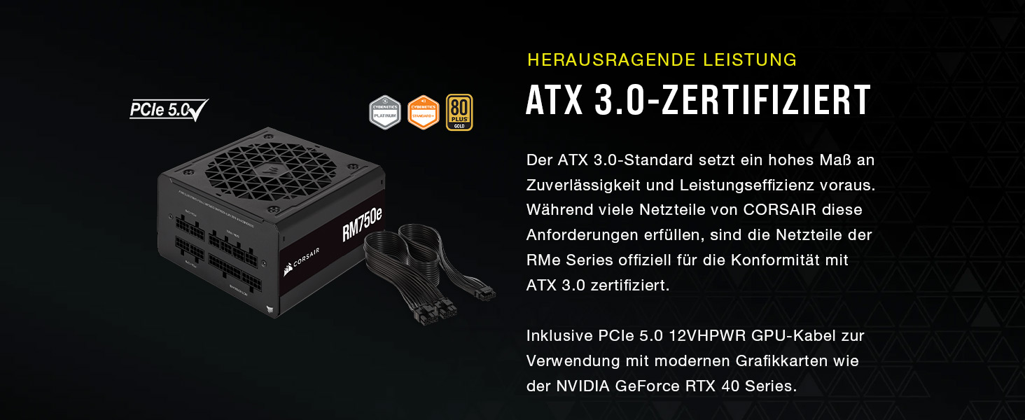 Блок живлення Corsair RM750e (2023) 750W, повністю модульний, ATX 3.1, PCIe 5.1, 80 PLUS Gold, низький рівень шуму, чорний