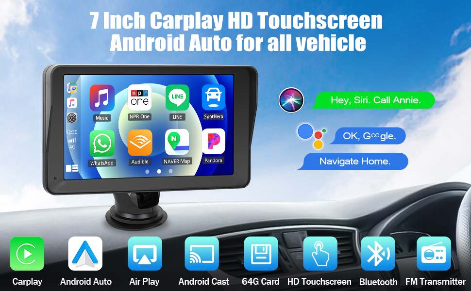 Автомобільна навігація CAMECHO 2025 з 7'' HD дисплеєм, бездротовим CarPlay та Android Auto, Bluetooth, FM-трансмітером, AirPlay, AUX, кріпленням на панель, камерою заднього виду, 64ГБ TF-карта