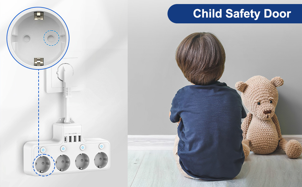 Мережевий фільтр з USB, 4 розетки з індивідуальним вимикачем, 3 USB та 1 Type-C (5V 3.4A) для кухні, вітальні, спальні, офісу