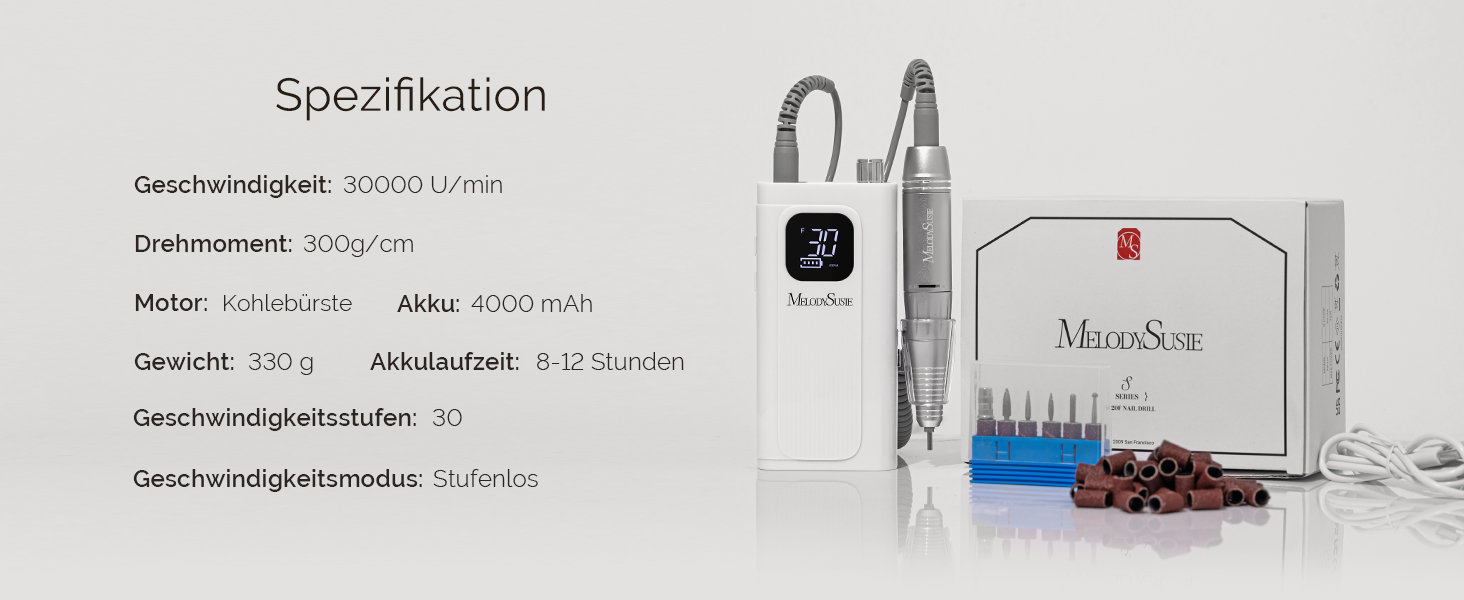 MelodySusie SC300F Професійний насадковий фрезер для нігтів, електрична насадка для манікюру, 30000 об/хв, LCD-дисплей, регулювання швидкості, для акрилу та гелю, для салону, білий