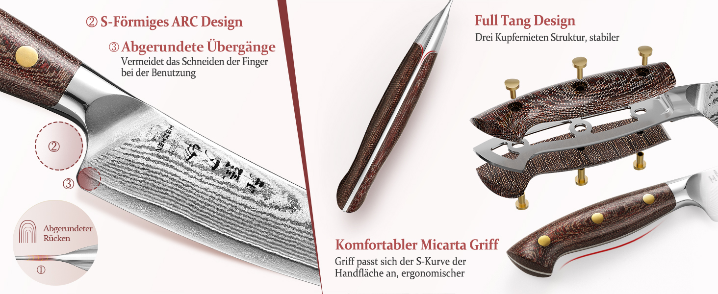 HEZHEN ніж кухарський 21 см дамаск 67 шарів, професійний ніж для кухні з дерев'яною піхвою, міцний ніж з ручкою Micarta