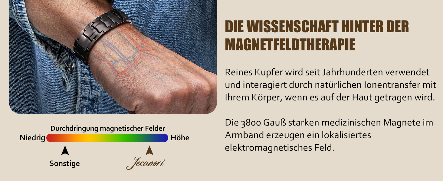 Масивне браслет з міді для чоловіків Jecanori, регульований розмір, магнітний браслет з 3500 Гаусс, подарункова коробка чорного кольору