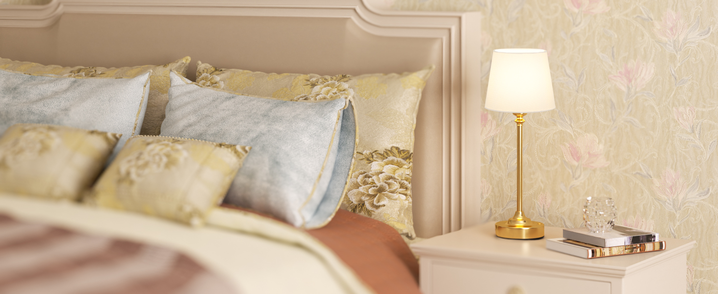 LED настільна лампа бездротова з торшером з льону, сенсорне керування, регулювання яскравості, USB-C, для спальні, вітальні, мідна, 40 см