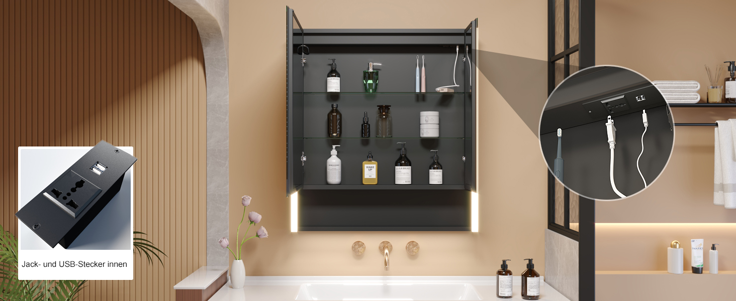 LED дзеркальна шафка у ванну кімнату KWW з підсвічуванням, регульованою температурою світла, антитуманним покриттям та USB-роз'ємами (2 дверцята, 80x70 см)