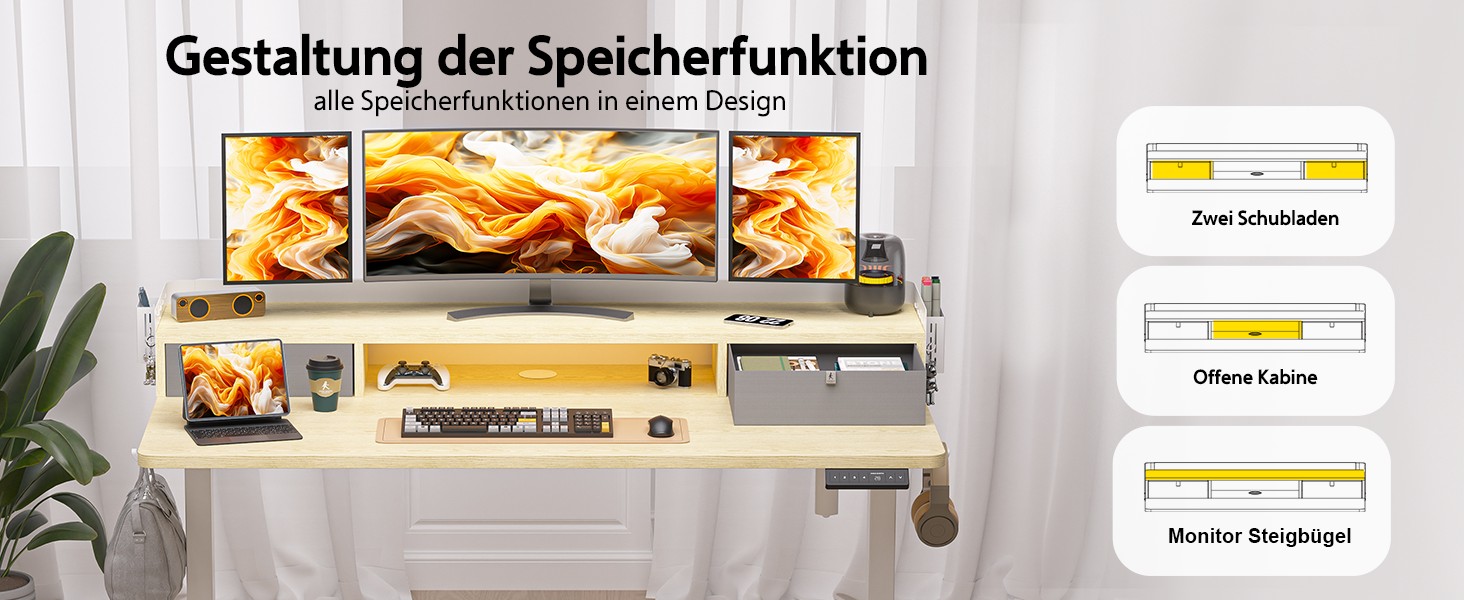 Electric Standing Desk with Drawers - 120x60cm Oak - Adjustable Height Desk for Home Office & DIY Pegboard
