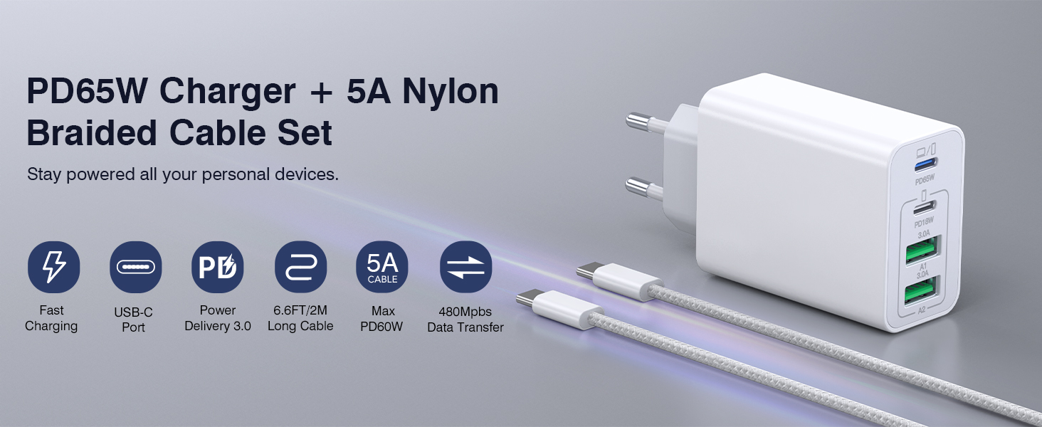 65W USB-C зарядний пристрій 3-портовий з кабелем 2м: для MacBook, iPhone, Switch, Galaxy, Tablet, Laptop