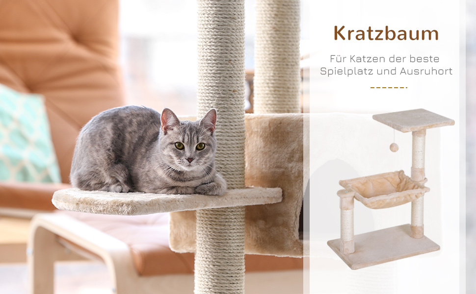 Кліматичний комплекс для котів PawHut з сизалевою колоною, гамаком та покриттям з плюшу, 50 x 36 x 70 см, бежевий