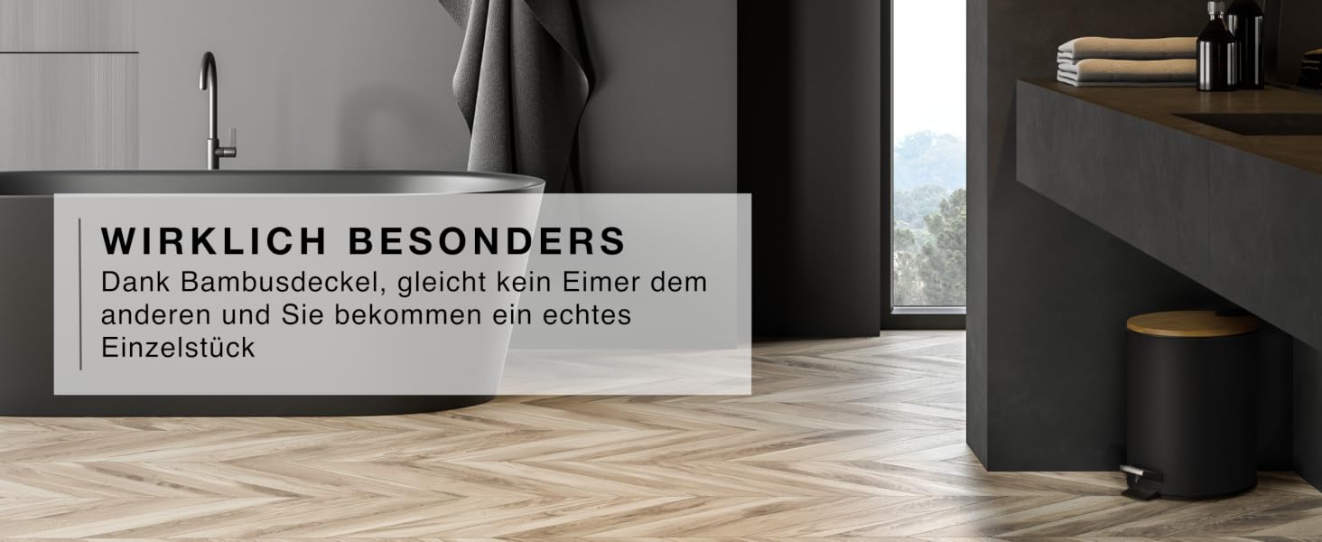 Смітник для косметики VMbathrooms 3L з педаллю та бамбуковою кришкою, Soft-Close, чорний матовий, для ванної кімнати та туалету