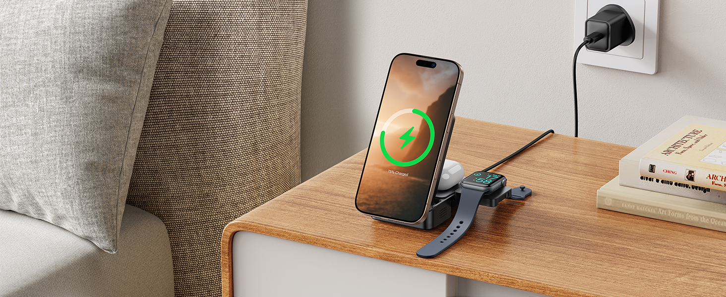 Зарядний станція Lamicall 3-в-1 для MagSafe: iPhone, Apple Watch, AirPods. Складана, портативна, бездротова. Сумісна з iPhone 17/16/15/14 Pro Max Plus Air.