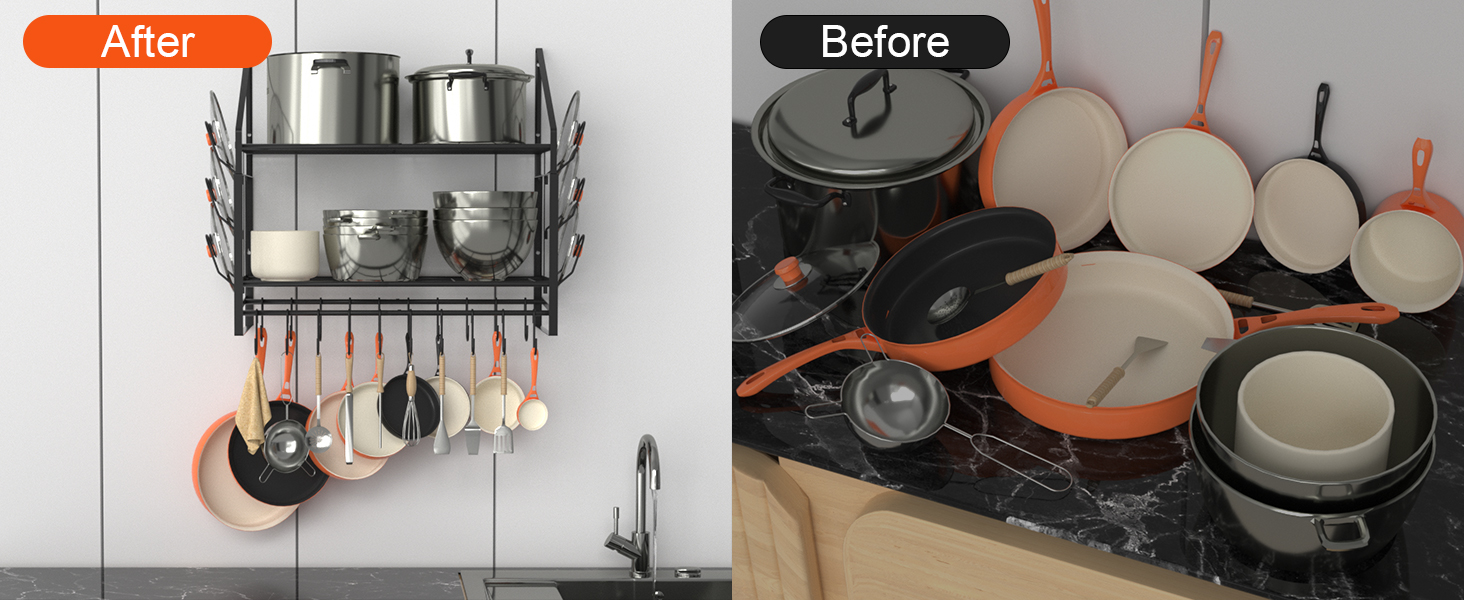 Hanging Pot Rack, 2 Tiers, Pots and Pans Organizer, Wall Mount, with 20 Hooks and 6 Lid Holders, Sturdy Steel Pot and Pan Hanger for Kitchen, Cookware, Utensils