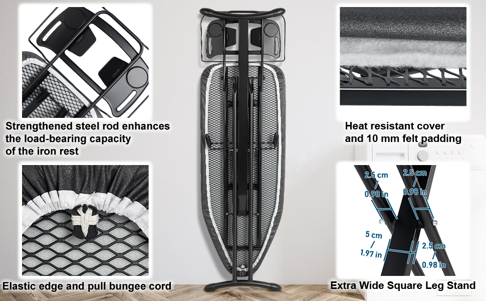 Гладильна дошка Duwee Extra Wide Deluxe з підставкою для праски, чорна, 117 x 43 см