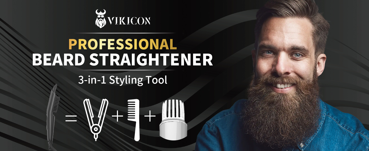 VIKICON 3-in-1 Beard Straightener Brush for Men - Professional Hair Comb & Volumizer with 4 Heat Settings (120-220°C) Iion Beard & Hair Straightening Brush for Home & Travel