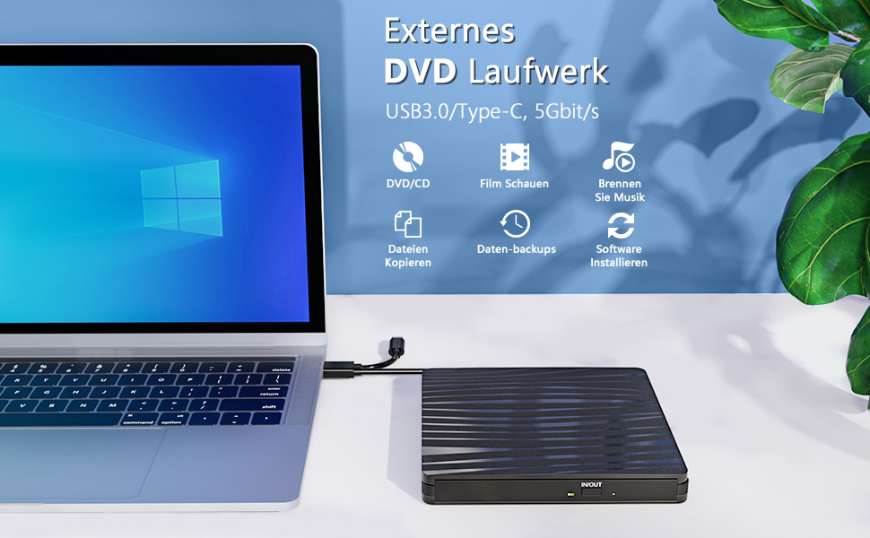 Зовнішній DVD-накопичувач USB 3.0 та Type-C, портативний CD/DVD +/-RW записувач для ноутбука, ПК, MacBook, iMac (Windows, macOS, Linux), чорний