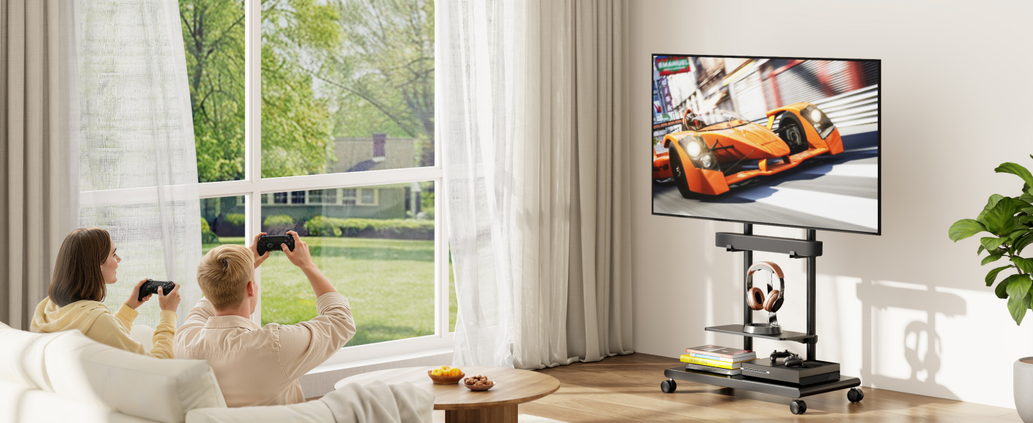 Підставка для телевізора на колесах з кріпленням для саундбару, 50-90 дюймів, до 70 кг, регульована висота та нахил, MAX VESA 600x400 мм