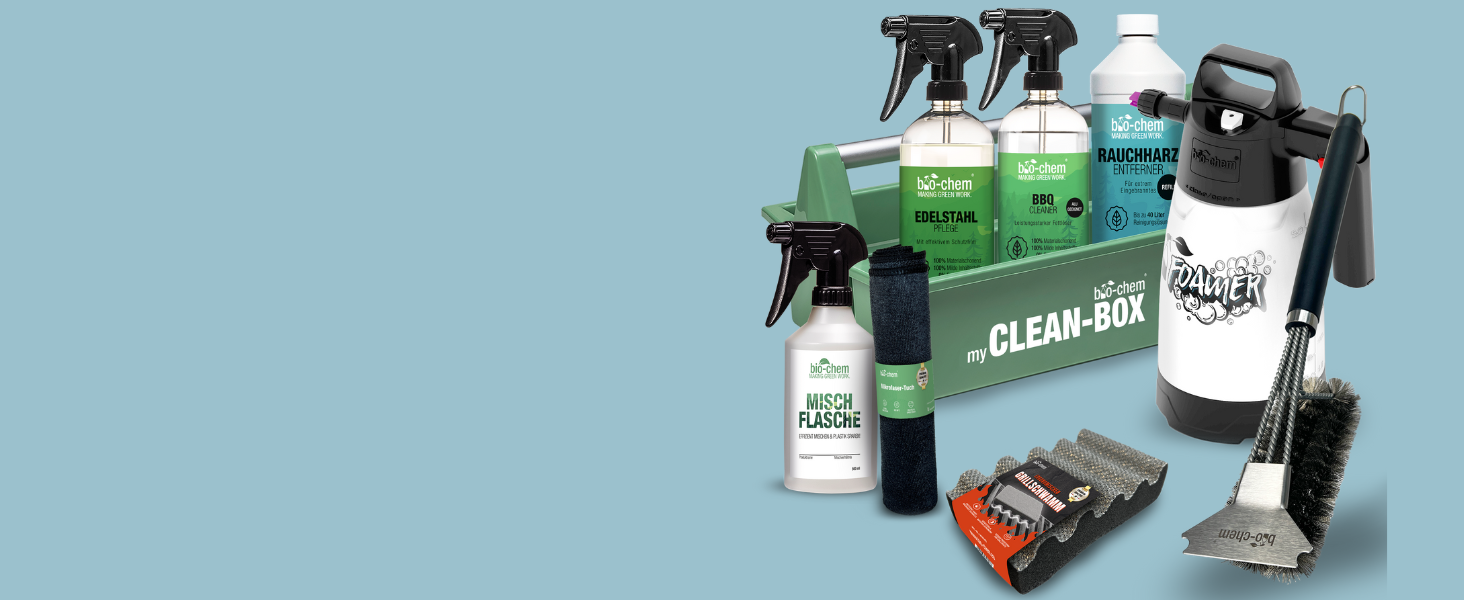 Bio-Chem Grill Cleaning and Care Set Professional Box 9-Piece: Smoke Residue Remover 1L (including spray bottle) + BBQ Cleaner 750ml + Stainless Steel Cleaner 750ml + Foam Sprayer + Grill Brush & Grill Sponge