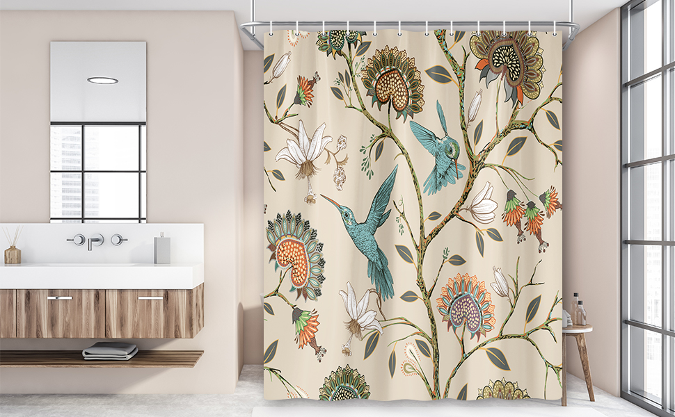 Штора для душу 180x180 см з квітами, антигрибкова, водонепроникна, поліестер, з 12 кільцями (Циан, великий птах)
