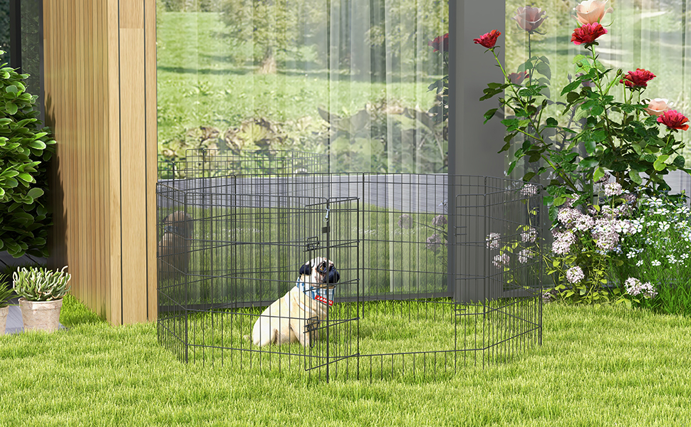 PawHut вольєр для цуценят, 76 см, 8-секційний, з замком, металевий, чорний