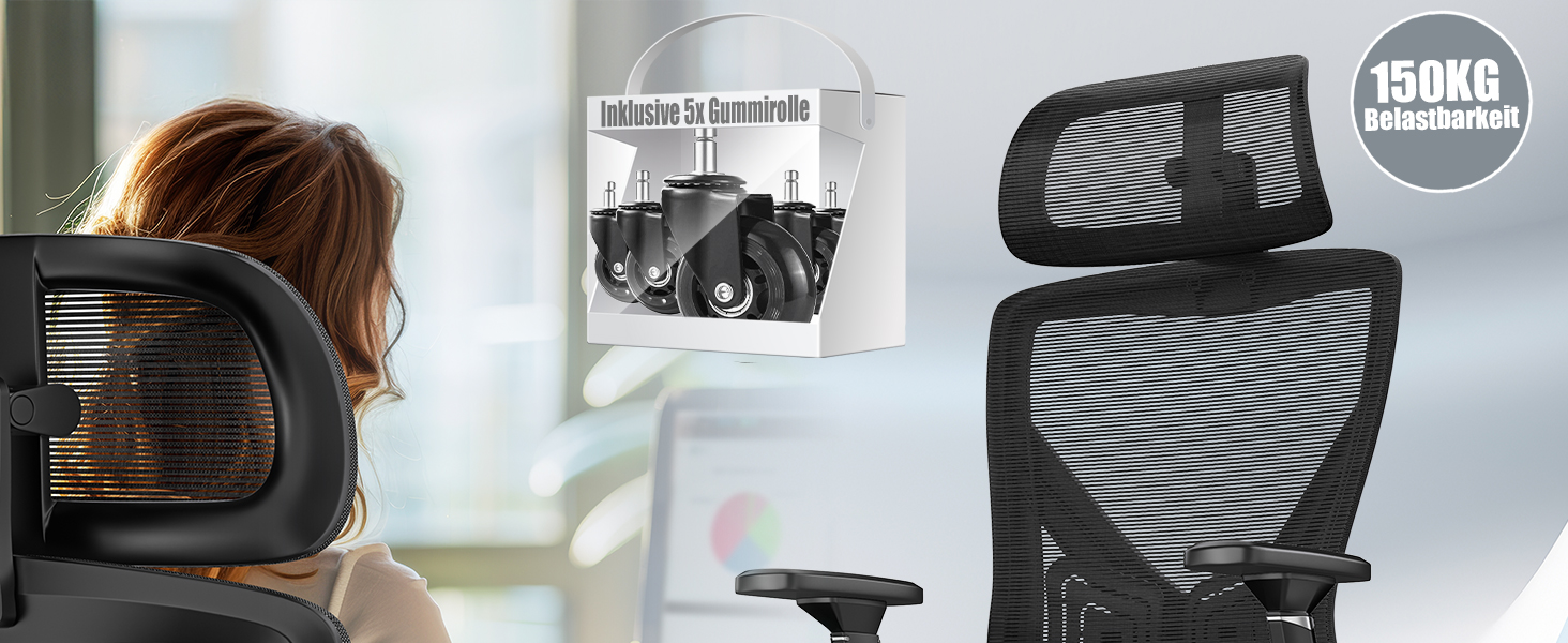 Офісне крісло KESSER® ергономічне з регульованими підлокітниками, поворотне з підтримкою попереку, з підголівником, функція гойдання до 125° з 5 колесами, чорний/срібний