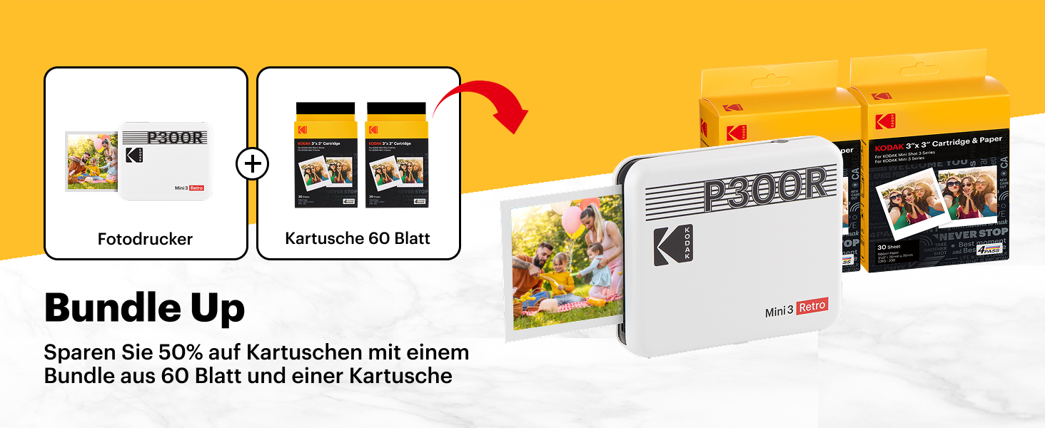 Фотодрук Kodak Mini 3 Retro: портативний принтер + 68 аркушів паперу (7,6 x 7,6 см)