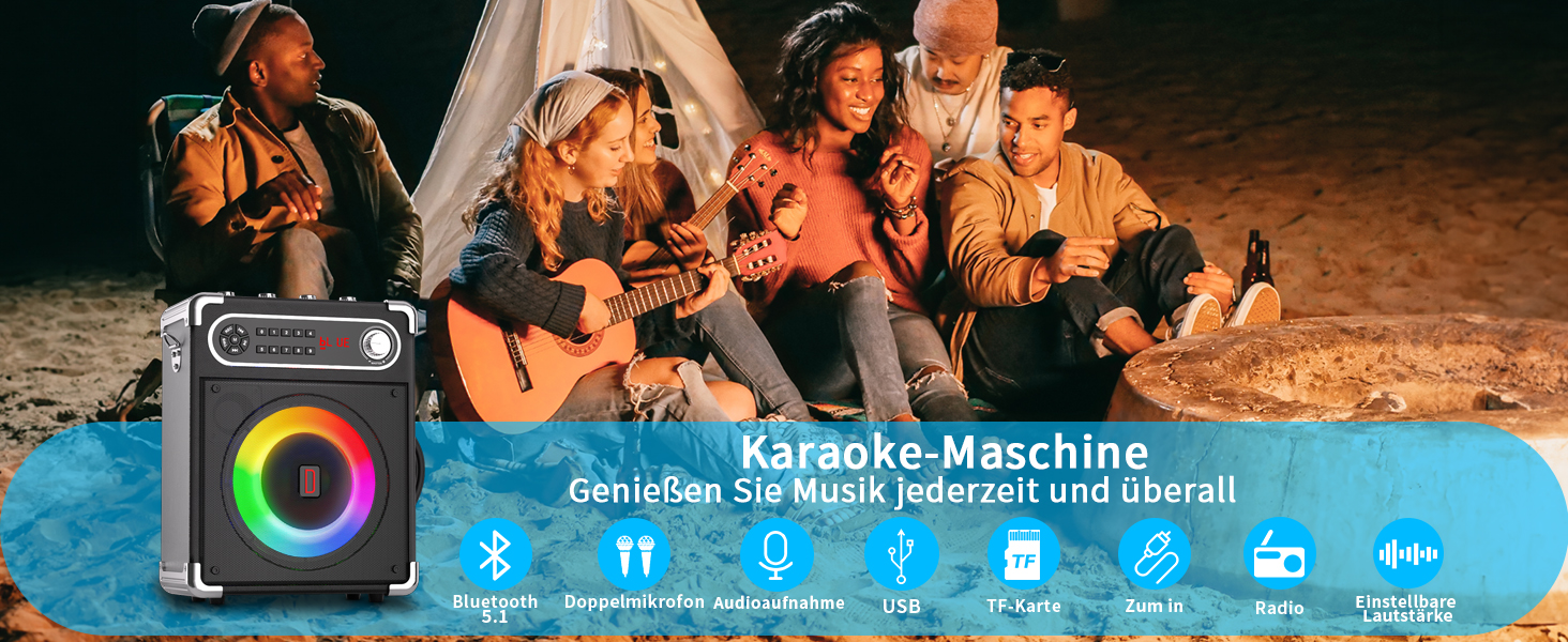 Караоке-машина з 2 мікрофонами, портативна Bluetooth колонка з LED-підсвічуванням, система PA для вечірок, підтримка USB/TF-карт/AUX/FM