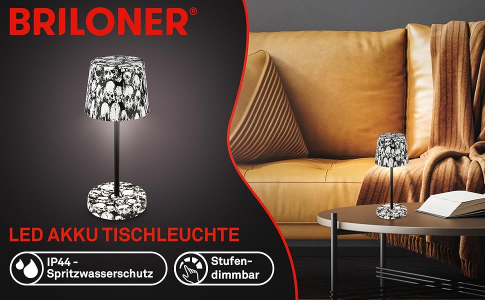 LED настільна лампа BRILONER з бездротовим живленням, регульована яскравість, сенсорне управління, для дому та кемпінгу, з дизайном черепів, Ø105x260 мм