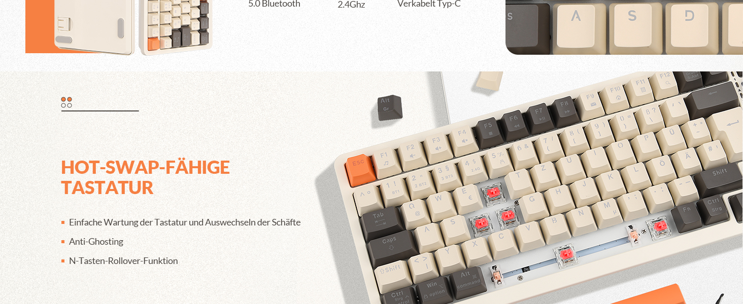 Механічна клавіатура Rii бездротова, для геймінгу, Bluetooth, Tri-Mode, 75%, QWERTZ, 20 режимів підсвічування, BT5.0 + 2.4GHz + кабель, Red Switch