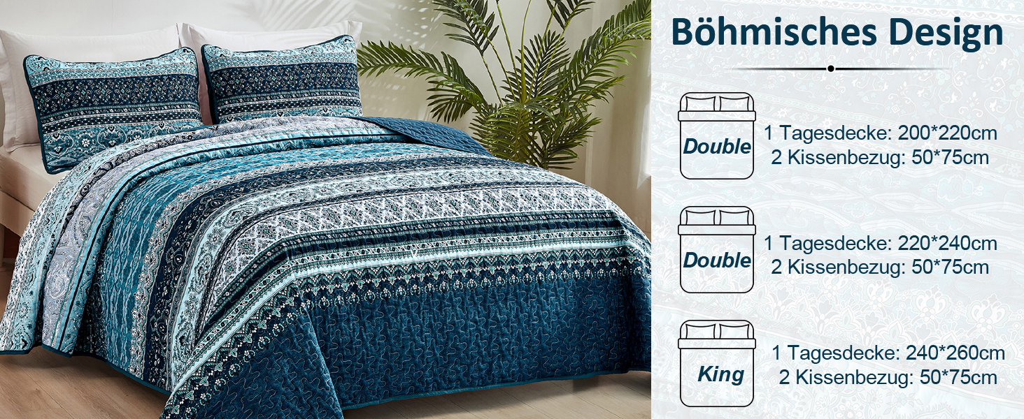 Покривало WONGS BEDDING 220x240 см, стьобане, комплект 3-в-1, мікрофібра, бохо стиль, темно-синє, з 2 наволочками 50x70 см, для двоспального ліжка або дивану