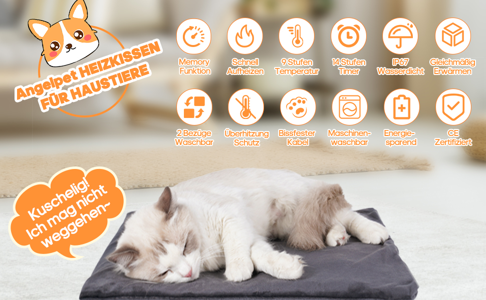 Електричний нагрівальний килимок Angelpet для собак та котів, 45x70 см, 9 температурних режимів, таймер, бісостійкий кабель, 2 знімні чохли