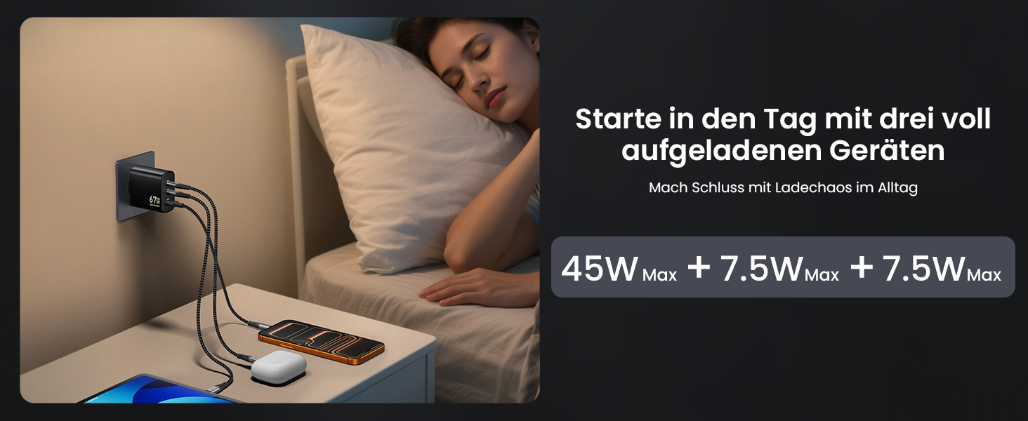 Зарядний пристрій USB-C 67W 3-Port PD PPS для MacBook, iPhone, Samsung Galaxy, iPad, Pixel - Чорний