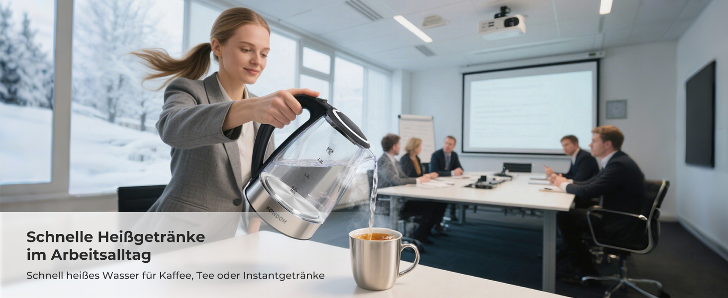 Електричний чайник Kowdom 1.8L з боросилікатного скла, BPA-free, 2200W, швидкий нагрів, автовимкнення та захист від сухого кипіння, чорний