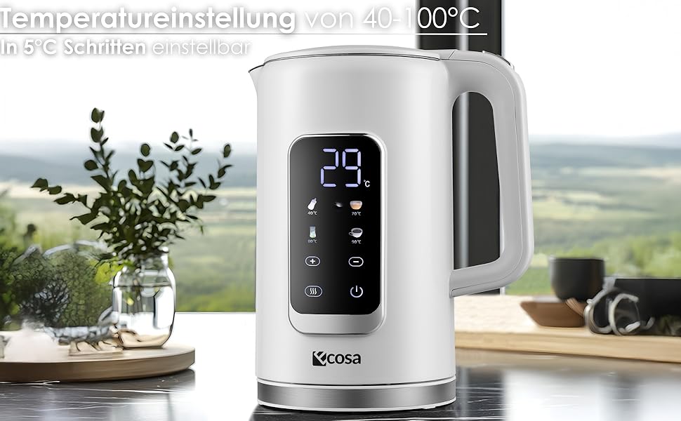 Електричний чайник-заварник зі сталлю, регулювання температури 40-100°C, 1,7 л, 2200 Вт, з підігрівом, LED дисплеєм, без BPA, білий Wanda