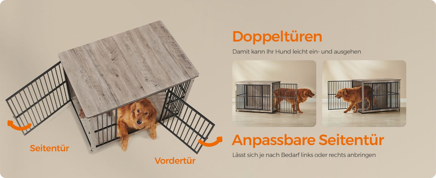 Клітка для собак Feandrea XL, меблева, з журнальним столиком, для собак до 37 кг, міцна, закритий дно, 2 двері, сірий меланж (110 x 76 x 82 см)