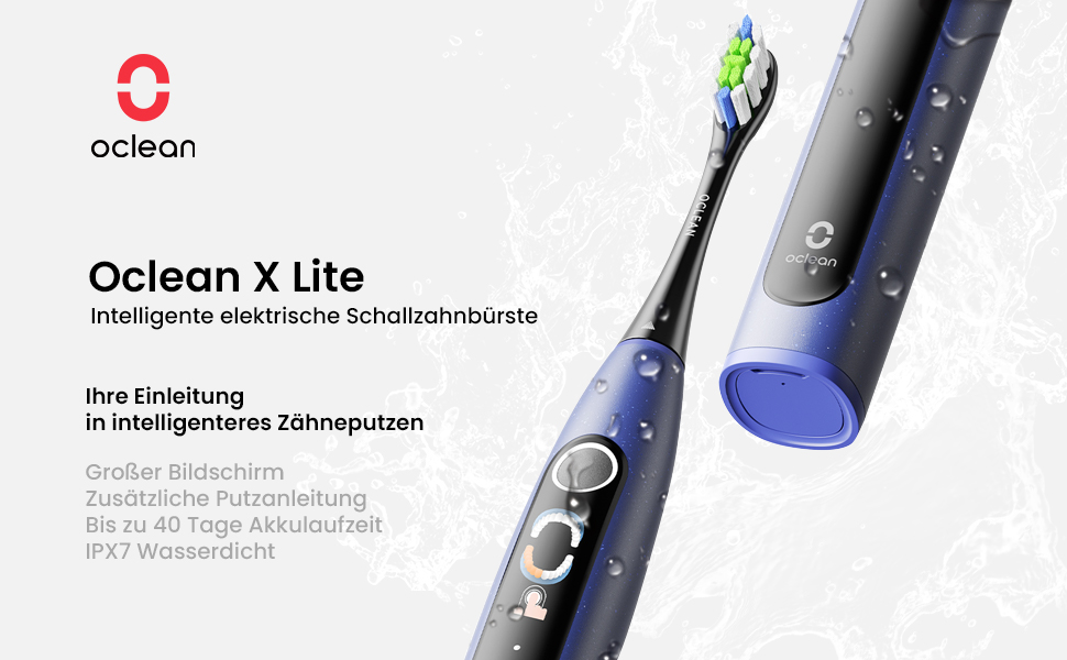 Oclean X Lite: електрична зубна щітка, блакитна, подарунчий набір, 3 насадки, IPX7, 5 режимів, таймер, чохол для подорожей