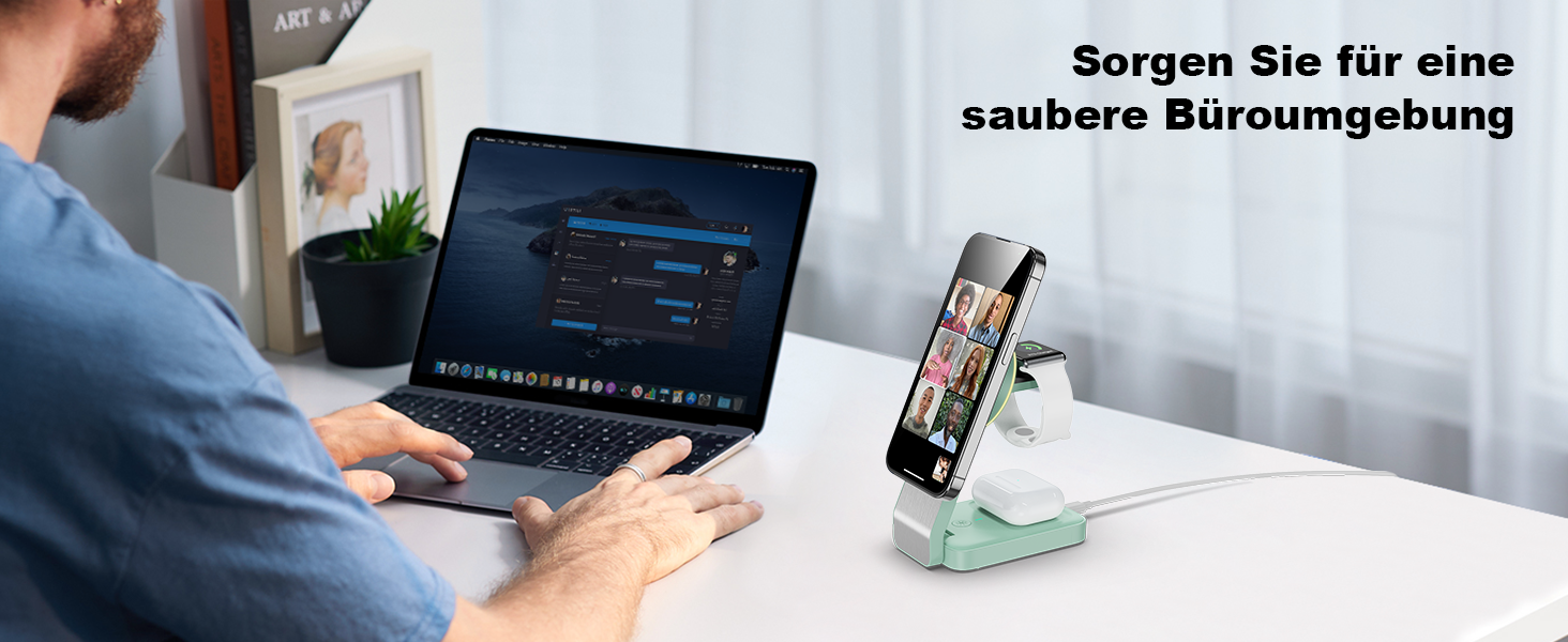 3-в-1 Станція Бездротової Зарядки з Індукцією для iPhone, Apple Watch та AirPods (Білий/Зелений)