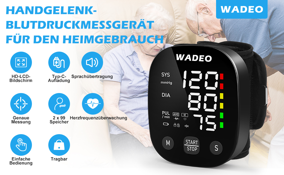 Цифровий тонометр WADEO на зап'ясті, мовлення 5 мовами, виявлення аритмії, портативний тонометр для дому та подорожей, 2 x 99 пам'ять, з батарейками та коробкою для зберігання, білий (чорний)