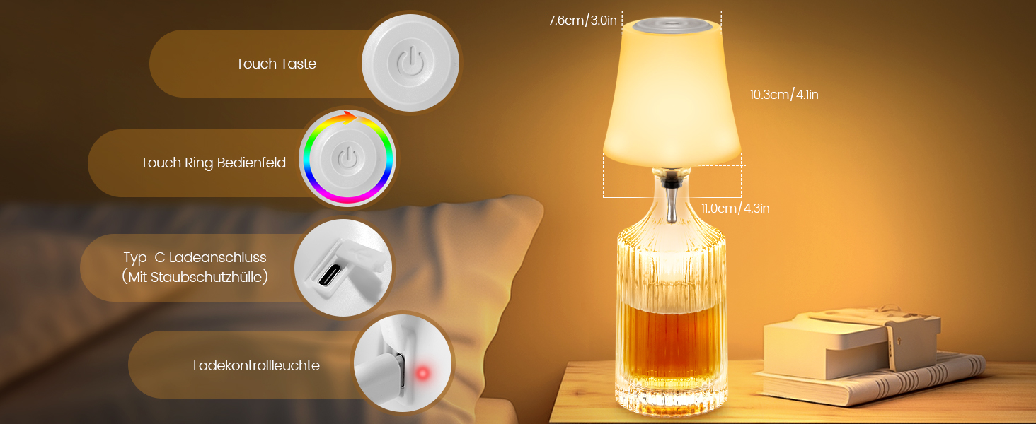 Світлодіодні настільні лампи бездротові 2 шт, IP54, акумуляторні пляшкові лампи, 7 режимів, димування, 5200mAh, сенсорне управління, для ресторанів, спальні (Білий)
