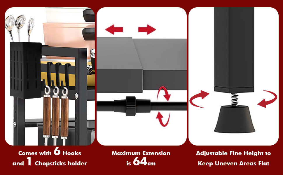 Регульована полиця для мікрохвильової печі, 2-ярусна розширювана кухонна полиця на стільницю, кухонна полиця зі сталі, полиця для мікрохвильової печі з 8 гачками, тримач для кухонного приладдя, чорний