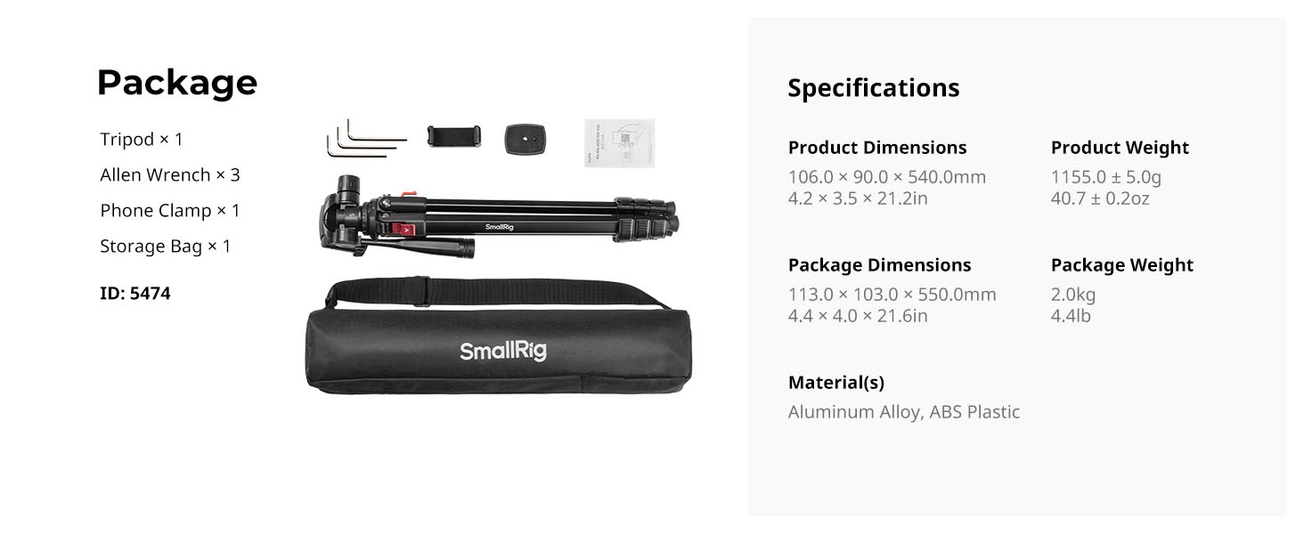 Алюмінієвий штатив для камери та смартфона SmallRig AP-30, компактний дорожній трипод з тримачем для телефону та сумкою, висота 172 см, навантаження до 5 кг, для влоггінгу та стрімів — 5474