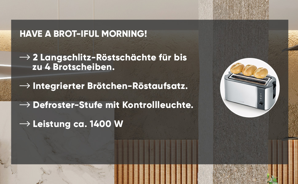 Тостер Severin AT 2590 з 4 відсіками для тостів, з підставою для бургерів, нержавіюча сталь, 1400 Вт