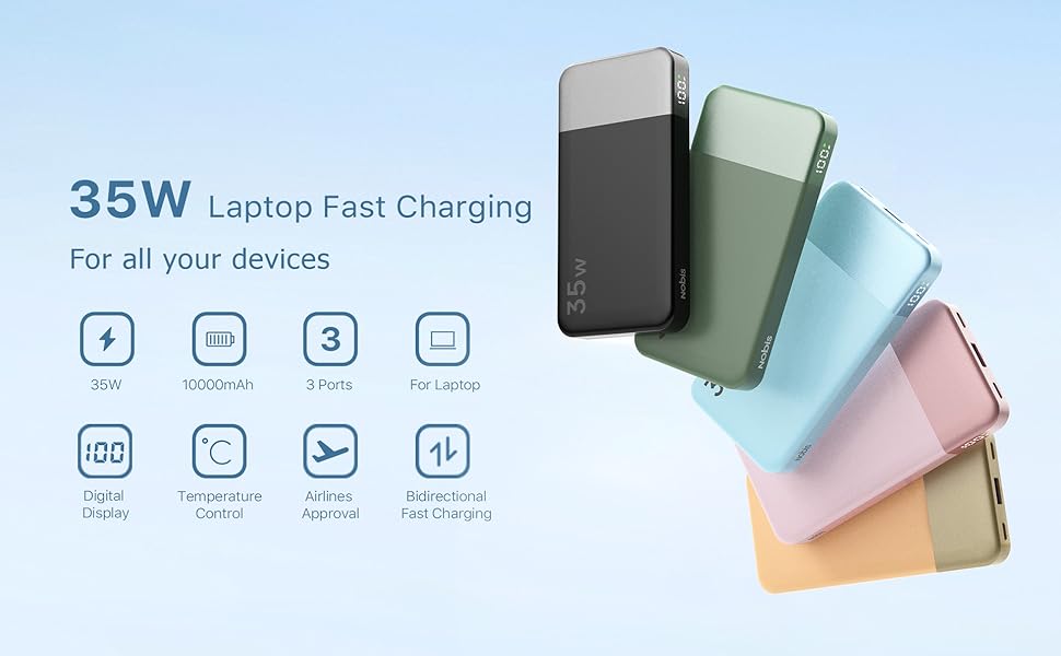 Power Bank NOBIS 35W 10000mAh з цифровим дисплеєм, USB-C, PD, QC, для смартфонів, планшетів, камер (Оранжевий)