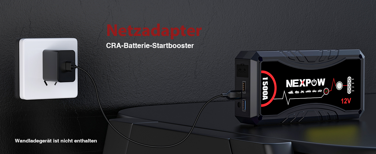 Powerbank для авто NEXPOW Starthilfe 1500A: стрибковий стартер з LED ліхтариком та USB, 12V для бензинових (7.0L) та дизельних (5.5L) двигунів