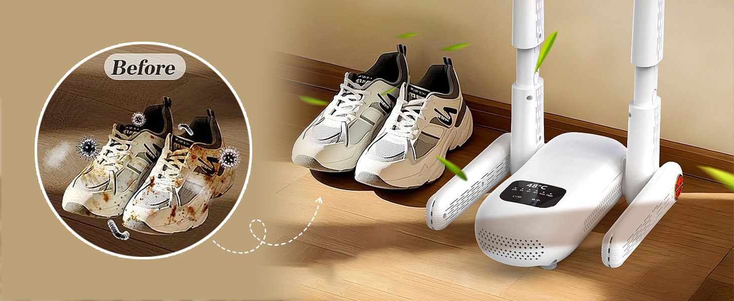 Електричний сушильник для взуття з подвійним кріпленням, для взуття, чобіт, ніг та рукавичок, з таймером, гаряче повітря, UV-світло, активоване вугілля, потрійна антибактеріальна обробка
