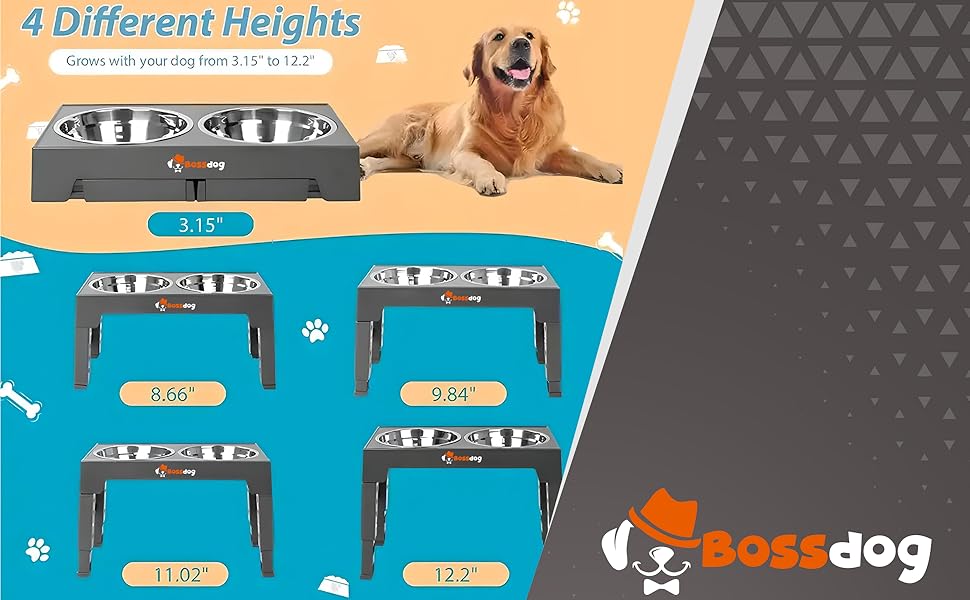 Підвищені годівниці для собак Bossdog з регулюванням висоти та підставкою, преміум-якість, з двома мисками з нержавіючої сталі (сірі)
