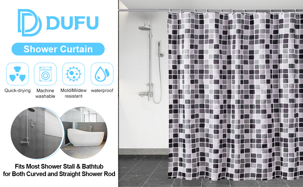 Шторка для душу DUFU, водовідштовхувальна, миється | Швидковисихаюча поліестер, 12 гачків | Напівпрозора захисна шторка для ванни (180x200 см, Темно-сірий) (Мозаїка 180x200 см)