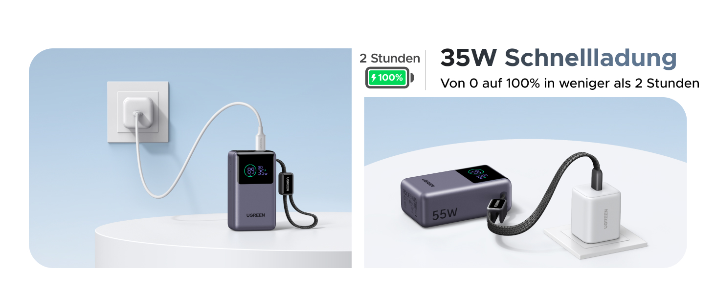 Power Bank UGREEN 10000mAh 55W з вбудованим кабелем, PD 45W, Mi Turbo Charge для Xiaomi, сумісний з iPhone 15/16/17 (Сірий)