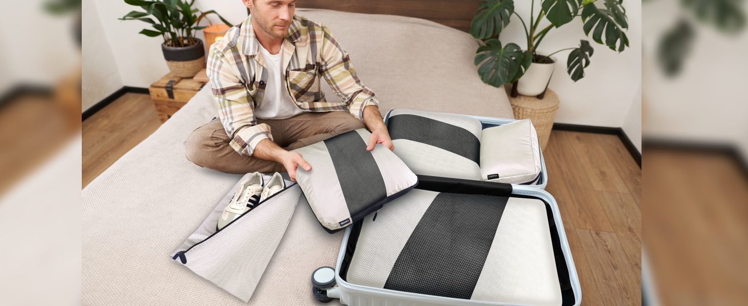 Набір органайзерів для валізи з компресією, 6 шт. - Кубики для пакування одягу, білий (Elfenbein) - Організація багажу в дорогу