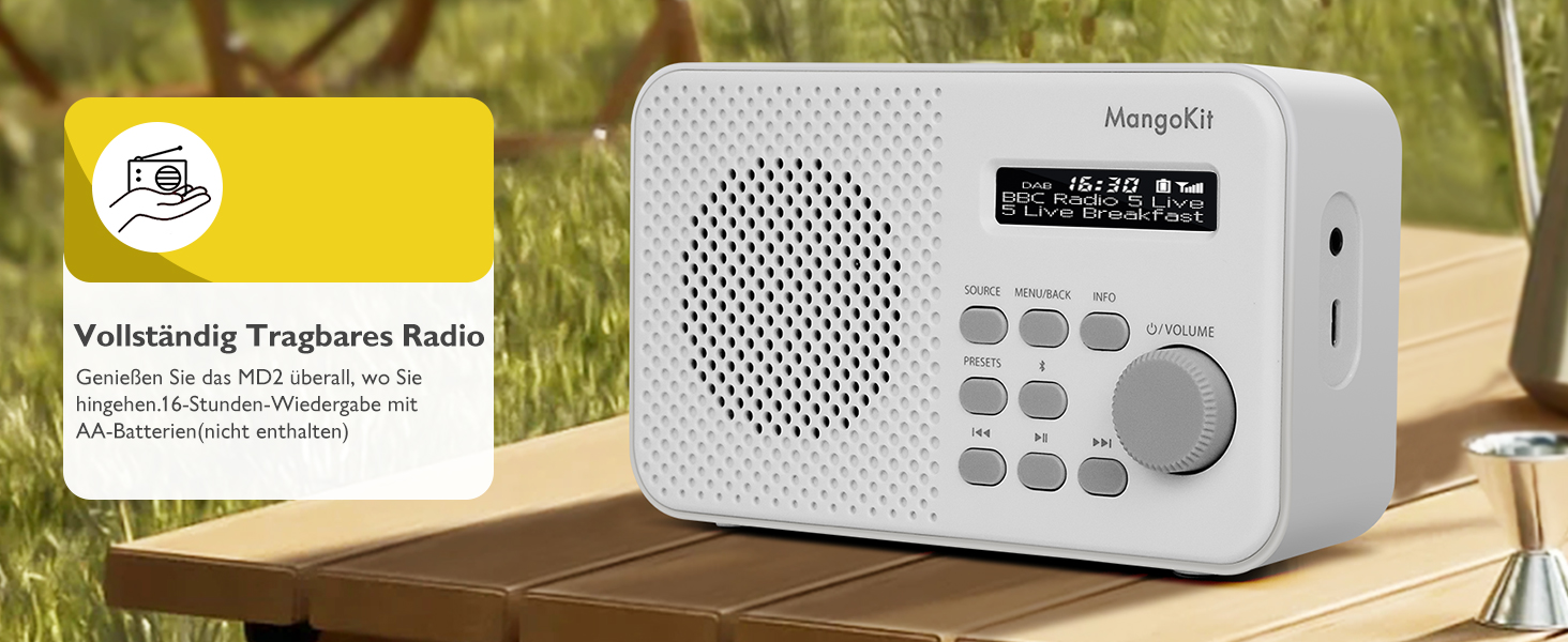 MD5 Стерео Радіо DAB з Bluetooth 5.3 та 2.4' Кольоровим Дисплеєм, Портативне Цифрове Радіо UKW, 2.0 Стереозвук, 40 Пам'ять, Будильник, Повторний Будильник & Сон, USB-C Живлення (Від Мережі або від Батареї) (Колір: Горіх, Моно Кам'яне Сіре)