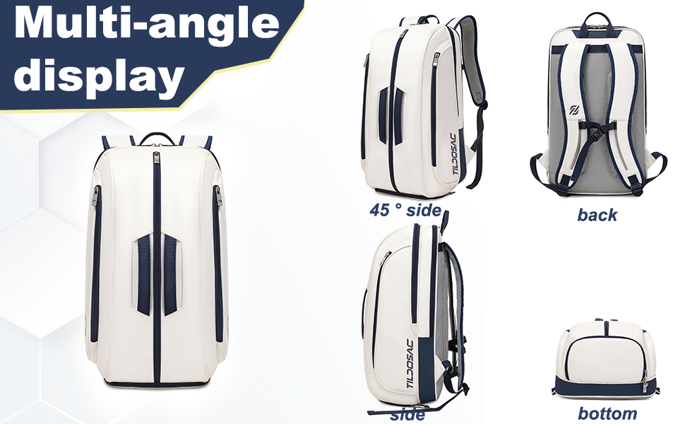 Tennis Padel Pickleball Bag - Large Sports Bag with Shoe Compartment, Laptop Sleeve & Ball Sleeve - White/Blue
