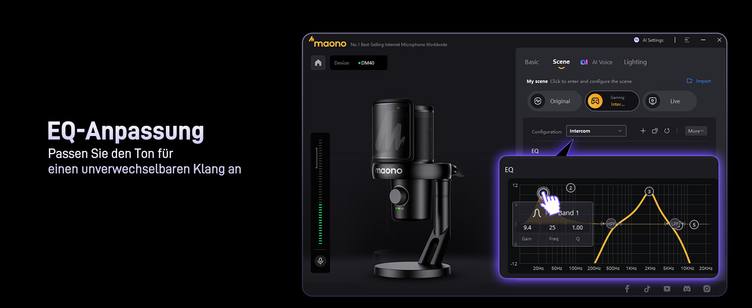 Мікрофон MAONO DM40 бездротовий для ПК з RGB підсвіткою та ШІ-зміною голосу, 3-рівнева шумоподавлення, для геймінгу, подкастингу та стрімінгу (чорний)