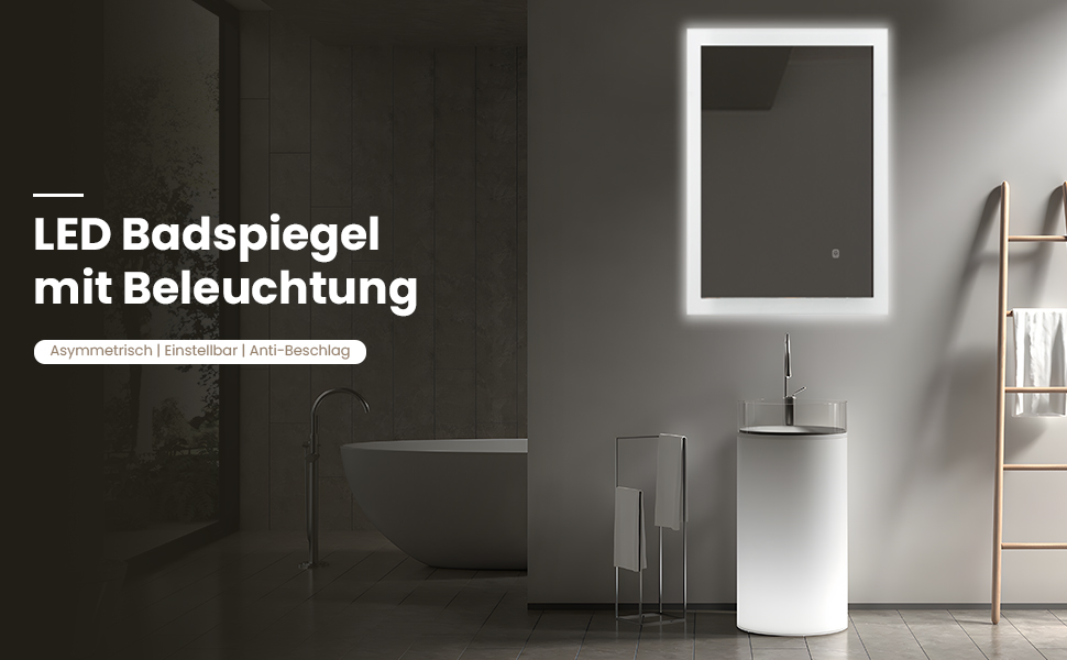 Дзеркало для ванної кімнати з підсвічуванням 70x50 см | LED дзеркало | IP54 вологостійке | Сенсорне управління | Настінне дзеркало | Горизонтальна/Вертикальна установка 6500K холодне біле світло